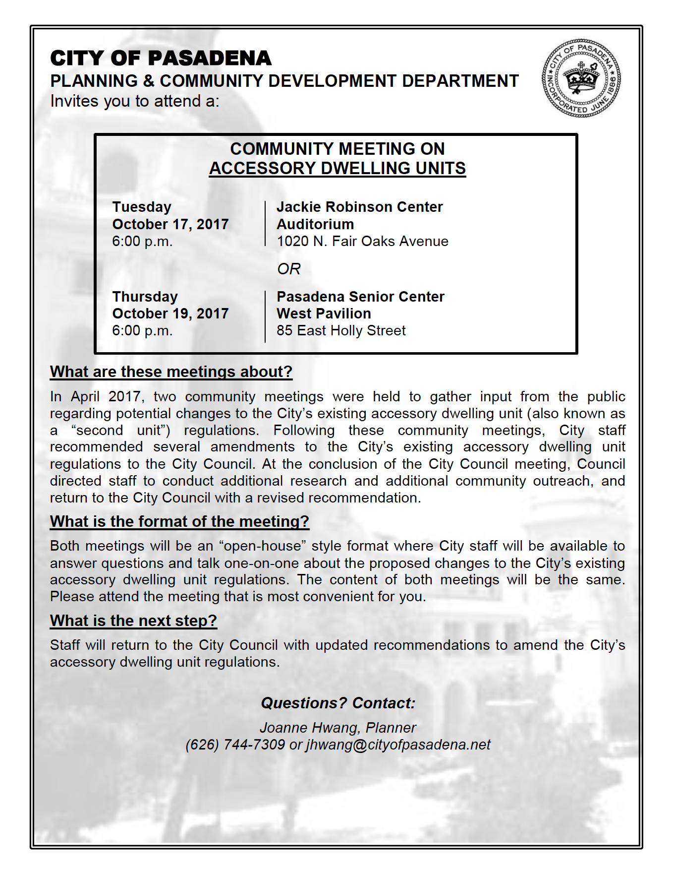 Pasadena ADU Ordinance Update Community Meeting